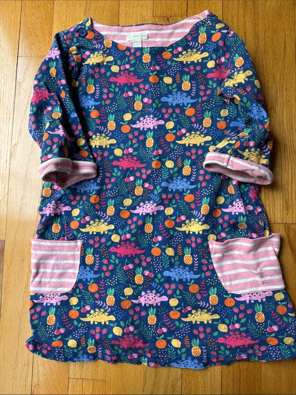 JoJo Maman Bebe Navy Dino & Fruit Print Dress with Pink Stripe Pockets